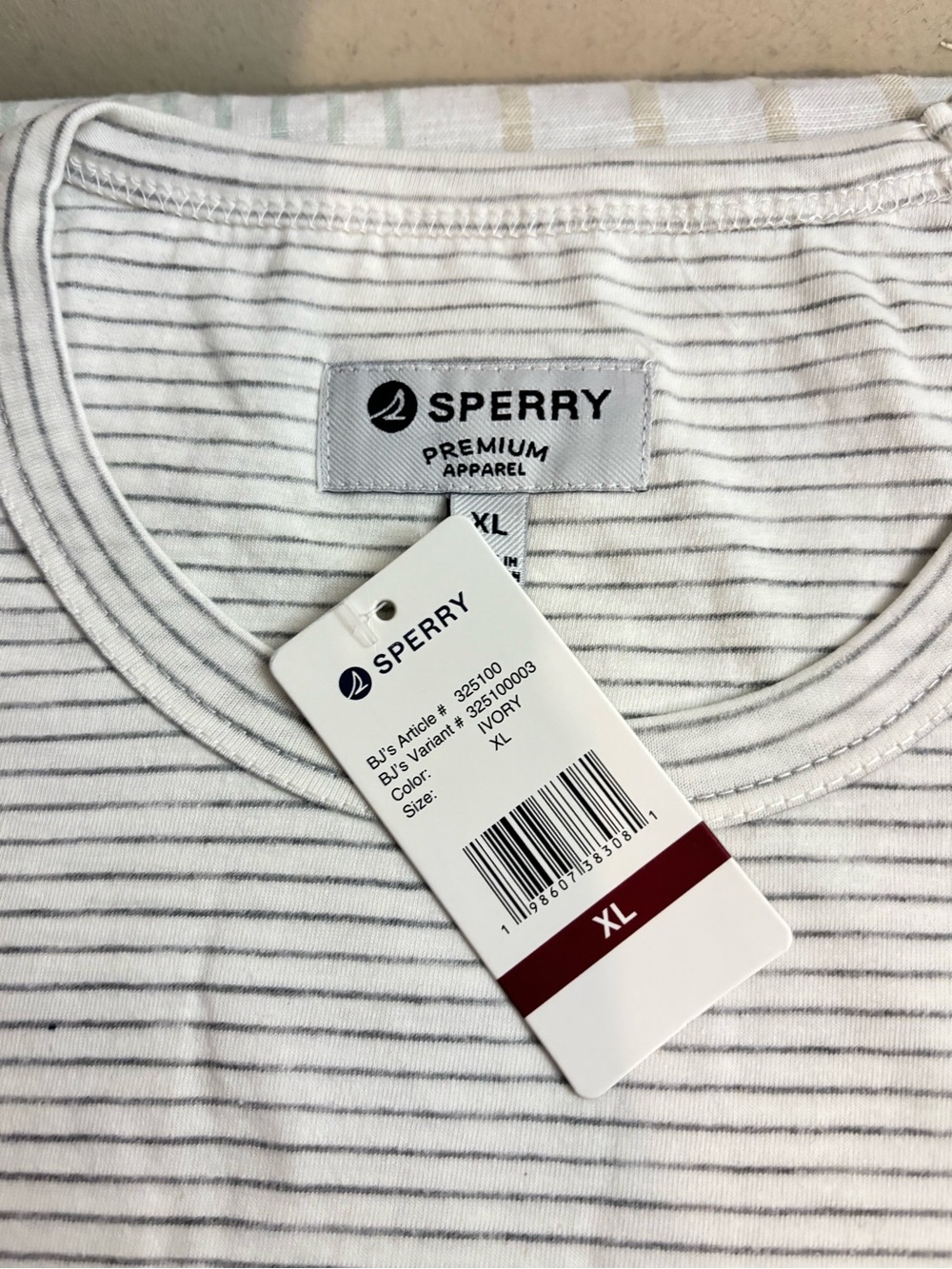 Sperry Ivory Tee with Light Gray Thin Stripes - XL